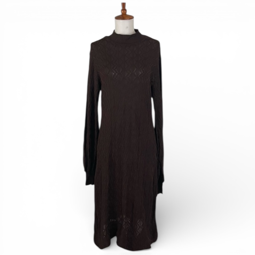 Vintage Knit Dress Women’s L Brown Semi Sheer Mock Neck‎ Long Sleeve Midi